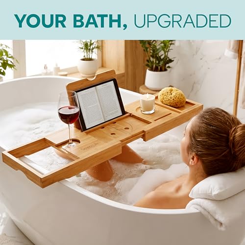 SereneLife 2 in 1 Bed and Bath Tray - Foldable Bamboo Bathtub Caddy with Adjustable Length, Non-Slip, Device Holder, Wine Glass Slot, Expandable for Comfortable Bathing, Natural, Folding Set - color: Natural, Folding