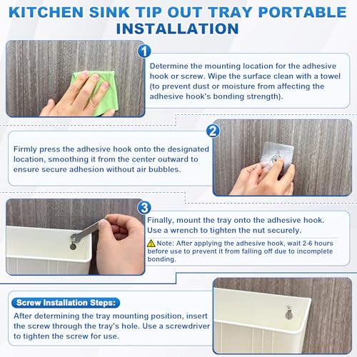 Upgraded 11" Tip-Out Plastic Sink Trays Kitchen Sink Tip Out Tray with 8X Mounting Screws and 4X Adhesive Screws for Kitchen Sink and Bathroom Base Cabinets, Large Pullout Vanity Shelf Home Organizer
