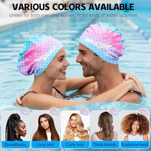 WHALE Extra Large Swim Cap Designed for Men and Women with Thick, Long Hair, Hair Extensions Or Afro-Textured Hair Long-Hair Swim Cap Highly Waterproof to Keep Hair Dry - color: Dreamlike Mermaid