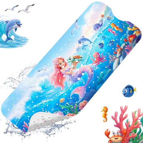 XIYUNTE Baby Bath Mat for Tub Non Slip Kids, BPA Free Extra Long Bathtub Mat 40x16 with Drain Holes and 200 Suction Cups, Non Toxic Machine Washable Toddler Bath Mat, Eco-Friendly Certified - color: Pink Mermaid