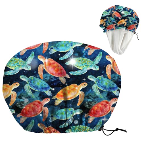 Sea Turtle Reusable Shower Cap Ocean Double Layer Waterproof Shower Caps Large Elastic Hair Cover Adjustable Hair - Drying Caps for Woman Man Bath SPA Travel One Size Fits Most - color: Sea Turtle