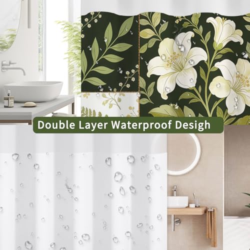 Boho Floral No Hook Shower Curtain with Snap in Liner Set 71x74 in | Vintage Green Patchwork Flower Retro Decorative Shower Curtain for College Dorm Hotel Apartment Bathroom Bathtub - color: Lily Patchwork