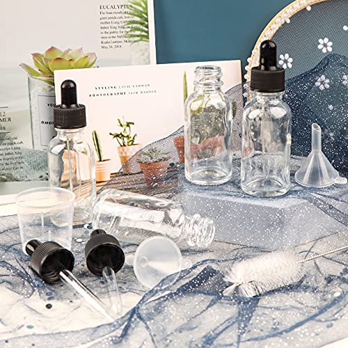 24 Pack 1oz Clear Glass Bottles with Glass Eye Droppers for Essential Oils, Perfumes & Lab Chemicals (Brush, Funnels, 2 Extra Droppers, 36 Pieces Labels & 30ml Measuring Cup Included) - color: Clear
