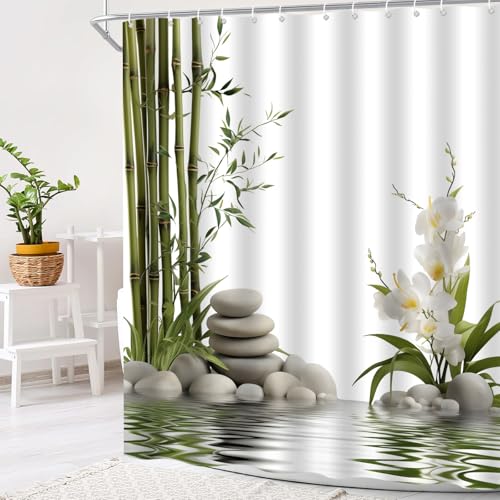 Spa Stone Shower Curtain Floral Flower Green Bamboo Leaves Relax Water Garden Nature Plant Bath Curtain with Hooks, 70x84 Inch - size: 70"W x 84"L (Pack of 1)