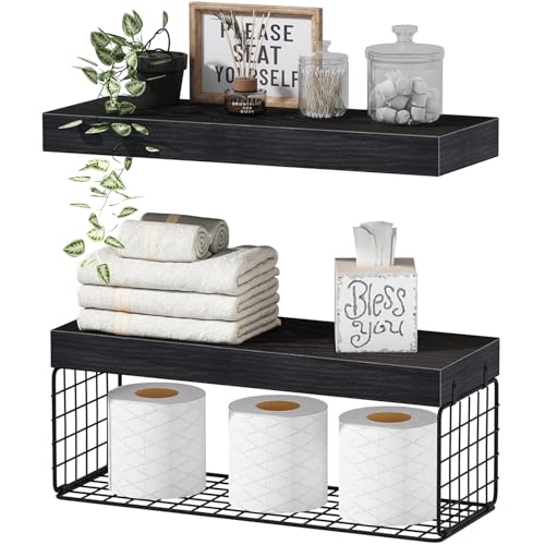 QEEIG Bathroom Shelves Over Toilet - Wall Mounted Floating Shelves Toilet Paper Storage Small Farmhouse Decor Shelf 16 inch Set of 2, Black (019-B2) - color: B. Black, size: 2pcs