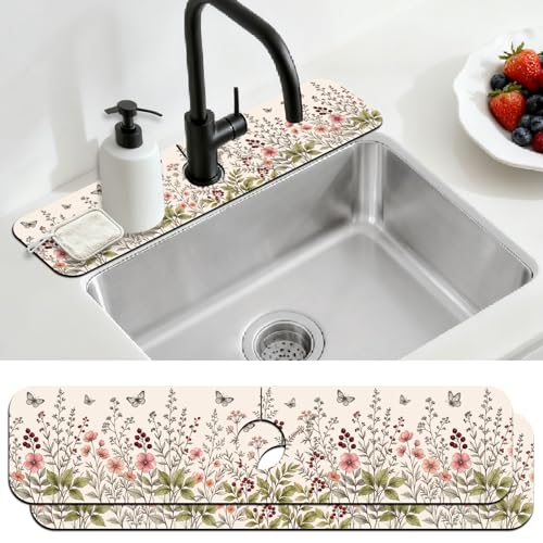 2 Pcs Kitchen Sink Splash Guard Faucet Mat Retro Wildflower Bush and Butterflies Pattern Faucet Mat for Sinks Flower Absorbing Drying Mats for Kitchen Bathroom - color: Wildflower Bush