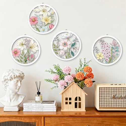 HPNIUB Boho Flower Wall Decor, Abstract Floral Market Wooden Wall Hanging Sign, 4 Pieces 10''x10'' Colorful Plant Wall Art, Minimalist Wildflower Botanical Wood Plaue for Girls Bedroom Living Room - color: Boho wildflower