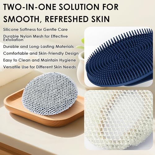 African Net Exfoliating Sponge Case with Silicone Body Brush, Dark Blue | 2in1 Quick-Dry Bath Mesh Washcloth Shower Scrubber, Massaging, Cleansing, Skin Smoother, INNERNEED - color: Darkblue