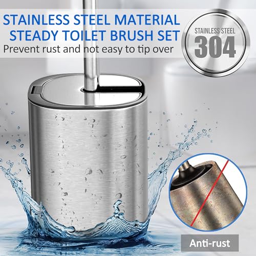 Toilet Bowl Brush and Holder, Toilet Brush with Stainless Steel Handle and Durable Bristles for Bathroom Cleaning, Automatic Closing Holder Set (Silver) - color: Silver