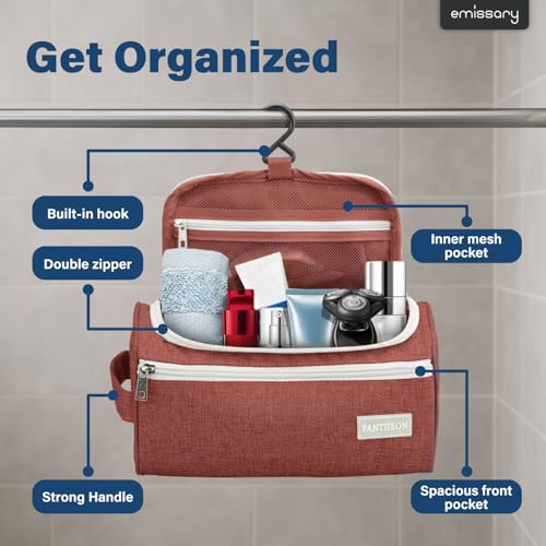 Pantheon Men's Toiletry Bag - Travel Toiletry Bag Wash Bag Hanging Dopp Kit Shaving Kit for Bathroom Shower - Mens Travel Bag Hanging Toiletry Organizer Toiletry Kit for Traveling (Brick Red) | Hanging hook, water-resistant lining, zip & mesh pockets; men
