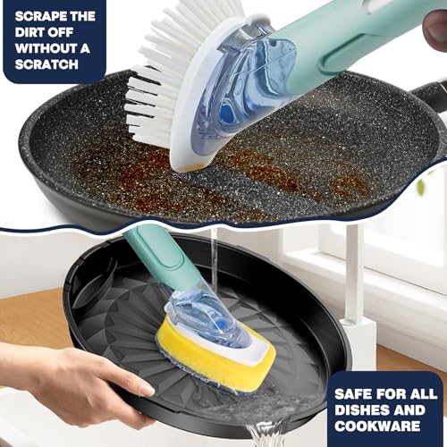 Dish Brush with Soap Dispenser Storage Set with 2 PCS Brush Refills & Holder, Dish Scrubber with Soap Dispenser, Dish Soap Brush, Dish Wand with Soap Dispenser for Dishes, Pans, Sink, Pots(Blue) - color: Blue