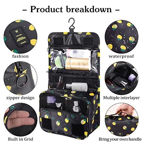 Pengxiaomei Hanging Toiletry Bag, Black Waterproof Cosmetic Bag Portable Lemon Makeup Pouch Travel Wash Bag with Handle for Woman Teen Girls Birthday Gifts - color: Black