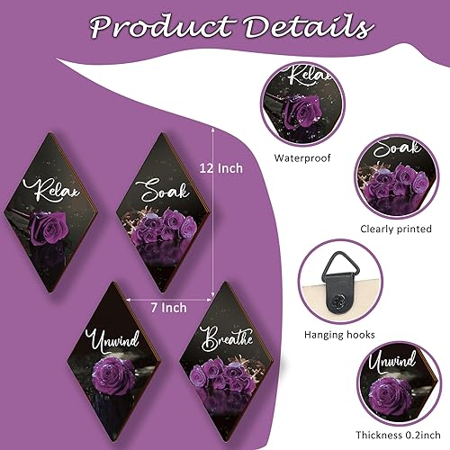 ONIZHITY Set of 4 Purple Bathroom Decor Rose Wooden Wall Decor Flower Rustic Romantic Floral Farmhouse Wall Decor Breathe Soak Unwind Relax Sign Purple Decor for Room Bedroom Bathroom (purple 12 x 7) - color: Purple Rose