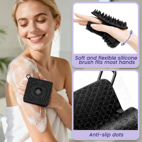Manmihealth Dual-Sided Silicone Body Scrubber Scalp Massager & African Bath Sponge Net Set, 2-in-1 Silicone Shower Shampoo Brush Africa Wash Net Combination, Lather Well,Strong Exfoliating(Black+Pink) - color: Shower Brush+net Sponge Set (Black+pink)