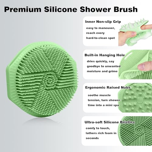 Silicone Body Scrubber for Men Women, Dual-Sided Bath Brushes Gentle Exfoliating Body Scrubber Scalp Massager for Deep Cleansing, Soft Silicone Loofah Body Washing Brushes (Gray+Green) - color: Gray+green