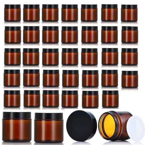 36 Pack 2oz Amber Glass Jars, Round Cosmetic Jars with with Black Lids and Inner Liners, Reusable Glass Containers for Homemade Creams, Candle, Skincare, Lotion, Travel