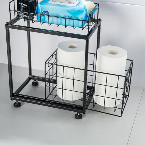 Freestanding Toilet Paper Holder, Drawer Style Storage Compartment, with Storage Shelf Reserve for Phone Tablet Magazine Bathroom Organizer (Black) - color: Black