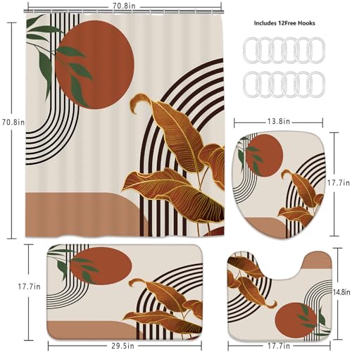 LQCOOL 4Pcs Boho Mid Century Shower Curtain Set, Modern Minimalist Bathroom Sets, Abstract Geometric Bathroom Sets with Shower Curtain and Rugs, Shower Curtain with 12 Hooks - color: Brown Black