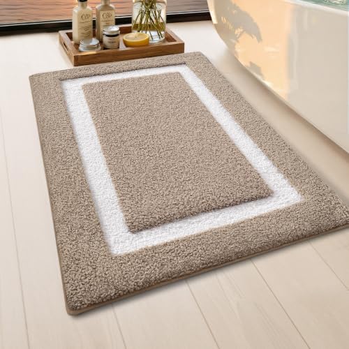 Color&Geometry Small Bathroom Rugs 16x24, Extra Soft Absorbent Microfiber Bath Rug, Non-Slip Bathroom mat, Washable Plush Bath Mats for Bathroom, Shower, Bathtub, Laundry, Khaki White - color: K, size: 16"x24"（small）