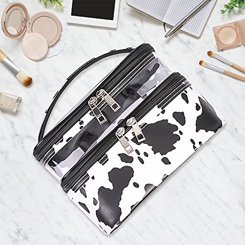 Double-layer Cosmetic Bag Makeup Bag Travel Makeup Bag Makeup Bags for Women Cosmetics Cases Portable Waterproof Foldable (Cow Print) - color: Cow Print