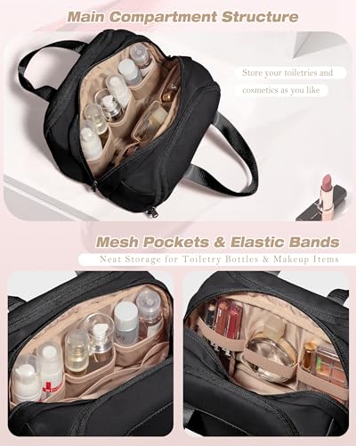 Marscamd ravel Makeup Bag for Women, Lay-Flat Toiletry Organizer, Black | Lay-flat design, waterproof wet & dry pockets, 3-section organization & lightweight carry - color: Black