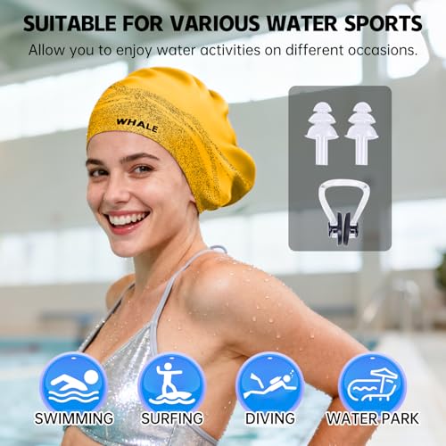 WHALE Extra Large Swim Cap Designed for Men and Women with Thick, Long Hair, Hair Extensions Or Afro-Textured Hair Long-Hair Swim Cap Highly Waterproof to Keep Hair Dry - color: Yellow