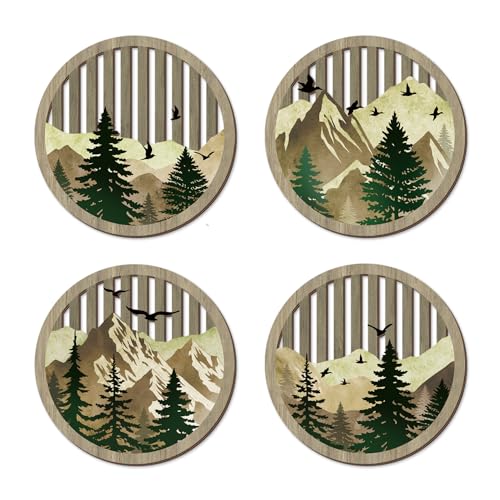 TOARTi 4Pcs Boho Mountain Wooden Wall Art Abstract Sun Moon Pine Tree Wall Decor Farmhouse Natural Mountain Landscape Artwork Minimalist Geometric Forest Hanging Sign for Living Room Bedroom Office - color: 4pcs Boho Mountain Wooden Wall Art