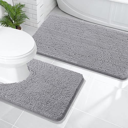 OLANLY Bathroom Rugs Sets 2 Piece, Soft Absorbent Chenille Bath Mats and U-Shaped Contour Toilet Mat Area Rug Set, Machine Washable Bath Carpet, Home Decor Accessories(47"x20"+24"x20", Grey) - color: Grey, size: 47" X 20" + U24" X 20"