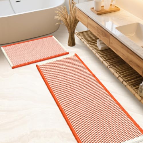 IM HOME Waffle Bath Mat Set 2 Piece Orange & Cream,Woven Modern Bath Rug Mats, Absorbent Non Slip Bath Floor Mat, Soft Washable Boho Bath Rugs with Tassels for Bathroom, Bedroom, Kitchen,Tub - color: Orange & Cream, size: 24′′×17′′ + 60′′×24′′