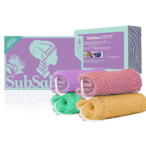 SubSahara Authentic African Net Sponge - 4 Pack Exfoliating Bath & Shower Loofah Sponge for Body & Face, Gentle Scrubber for All Skin Types, Travel, Durable - color: Golden,blush Powder,green,purple