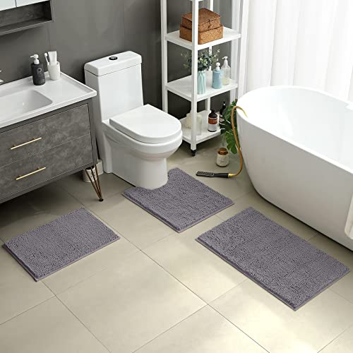 HOMEIDEAS 3 Pieces Bathroom Rugs, Soft Thick Absorbent Chenille Bath Mats, Washable Non-Slip Floor Rugs for Shower & Bath, Grey - color: Grey-grey, size: 17"x24"+20"x32"+U Shape 20"x24"