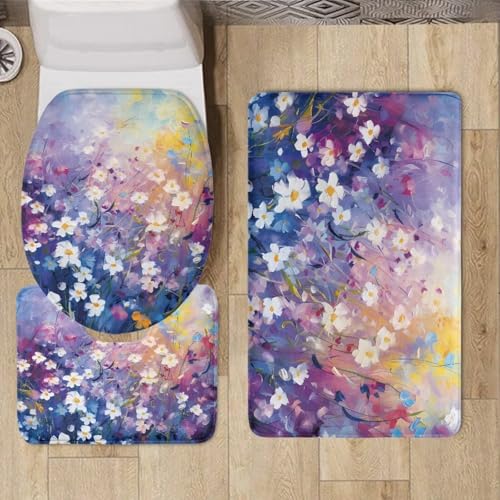 Daisy Print 3 Piece Bathroom Rug Set Soft Contour Rug + Toilet Lid Cover + Bath Mat Toilet Seat Cover with Lid Cover Toilet Seat Cover and Rug Set Toilet Seat Cover Set with Easy Cleaning - color: Daisy Print