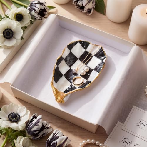 Natural Oyster Ring Trinket Dish Vintage Jewelry Tray for Keys Small Jewelry Holder for Bridal Shower Favors Friends Sisters Daughter Mother Gift Seaside Decor(Checkered) - style: Checkered