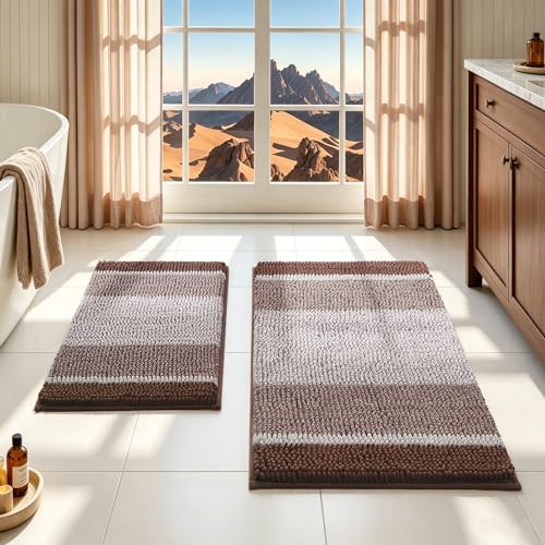 HOMEIDEAS Brown Bathroom Rugs Set, 2 Piece Thick Absorbent Fluffy Striped Chenille Bath Rugs, Non Slip, Soft Shaggy Bath Mats for Brown Bathroom Decor, 20" x 32" Plus 17" x 24" - color: Brown