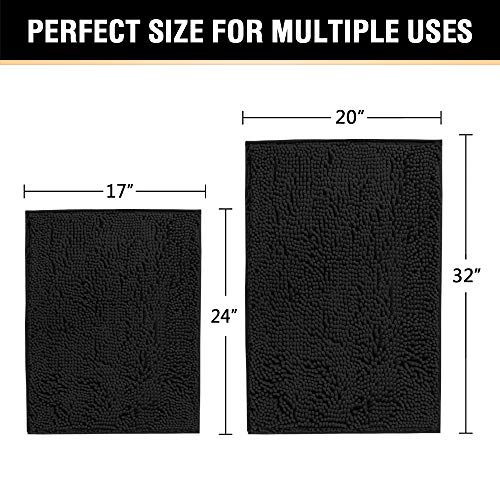 H.VERSAILTEX Black Bathroom Rug Set 2 Piece, Bath Mats for Bathroom Floor, Super Thick Soft Shaggy Chenille Bath Mats Machine Washable, Dry Fast Water Absorbent Bath Mats(20" x 32"/17" x 24") - color: Black, size: 20" x 32" Plus 17" x 24"