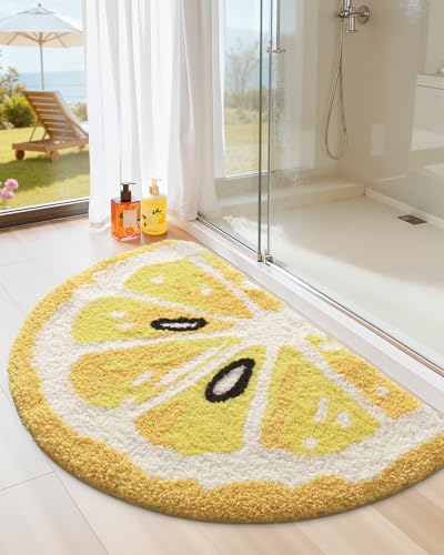 DEXI Cute Bathroom Rugs Half Round, Funny Fruits Absorbent Bath Mat Non Slip Washable, Extra Soft Plush Microfiber Bathmat for Shower Floor, Tub, Sink, Bedroom, 43x24, Lemon - color: Lemon Yellow-large