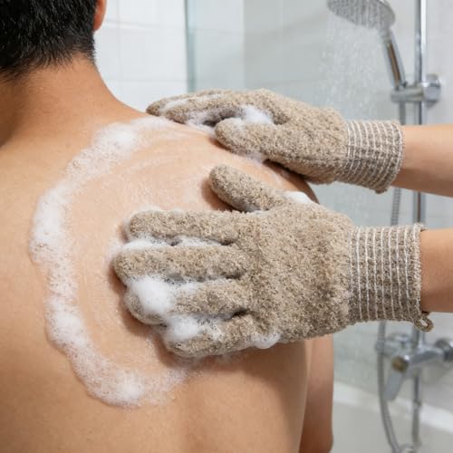 Exfoliating Bath Gloves 2 Pairs - Heavy Texture Body Scrub Gloves for Shower, Spa, Massage and Body Scrubs, Dead Skin Remover, Washing Gloves with Hanging Loop(Coffee) - color: Coffee