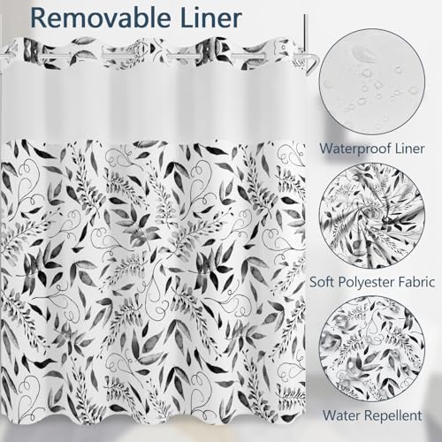 No Hook Shower Curtain with Snap in Fabric Liner Set, Waterproof & Washable, Boho Black and White Leaf Shower Curtains for Bathroom, Modern Farmhouse Rustic Bathroom Curtain, House Gift, 71x74 inch - color: Black and White Leaf