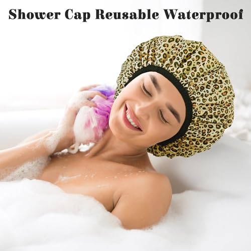 Shower Cap for Women, Shower Caps Reusable Waterproof, Large Plastic Satin Lined Shower Cap for Braids Long Hair - color: Leopard stripes