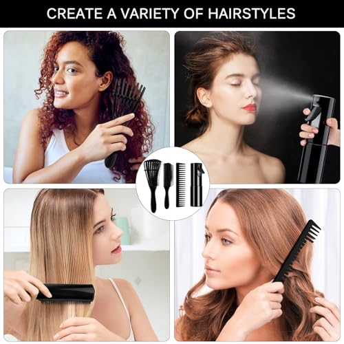 4pcs Curly Hair Brush Set for Adult & Kids Wet or Dry, Detangling Brush for 3/4ABC Hair with Detangler Spray Bottle & Wide Tooth Comb (3+1, Black) - color: Black, size: 3+1