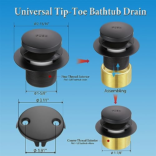 Tip Toe Bathtub Drain Conversion Kit Assembly, Tub Drain Plug Trim Set Bath Tub Drain Stopper with Two-Hole Overflow Faceplate (Matt Black) - color: Matt Black