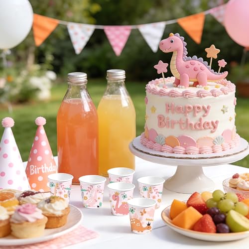 WRAPAHOLIC 3oz Dinosaur Birthday Paper Cups - 100 Pack Disposable Bathroom Cups with Baby Dinosaur 4 Design, Small Mouthwash Cup for Toothbrush Rinse, Home Bathroom and Baby Girl Shower - color: Pink Dinosaur 4 Design