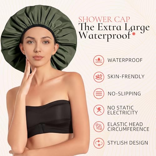 Extra Large Shower Cap for Women, Reusable Waterproof Shower Bonnet with Satin Lining, Double Layer Washable Bath Hair Cap for Braids, Locs, Long Thick Curly Hair, Natural Hair(Big Green) - color: Green