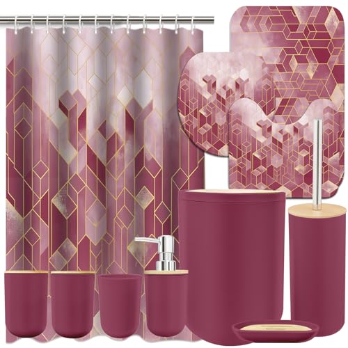 Lnond Red Bathroom Set, Red Abstract Cubes Bathroom Accessories Sets Complete, Luxury Restroom Set with Shower Curtain and Rugs, Trash Can, Toilet Brush Holder Set & Soap Dispenser - style: Red