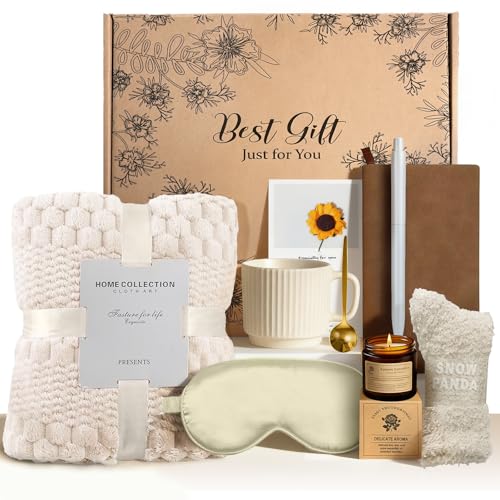 Birthday Gifts for Women, Personalized Self Care Gift Basket with 50"x60" Flannel Blanket, Spa Gift Set for Mom, Sister, Friend, Wife, Coworker, Thinking of You Care Package - color: Beige-10 Pc