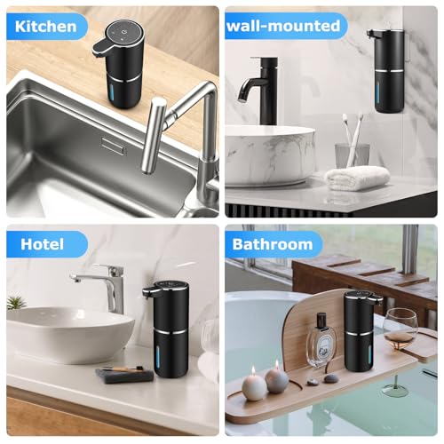 VZZNN 2 Pack Automatic Soap Dispensers,12.8oz/380ml USB Touchless Automatic Foaming Soap Dispenser,Rechargeabled Wall Mounted Smart Soap Dispenser for Bathroom Kitchen Dish Soap(Black) - color: Black, size: Foam x2