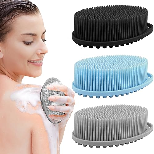 PQRUU 3 Pack Silicone Body Scrubbers for Use in Shower, Exfoliating Body Scrubber Fit for All Kinds of Skin, Soft Silicone Loofah for Women Men,Bath Scrubbers Rapid Foaming,Black,Blue,Gray - color: Black,blue,gray