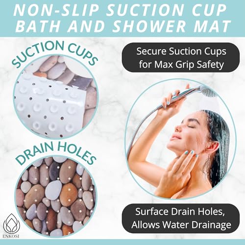ENKOSI Bath Mat – Large 40 x 16 Inch Non-Slip Bathtub Mat with Suction Cups & Drain Holes – Extra Long Bathroom Shower Mat for Tub with Pebble Design (40x16 Pebble Stone) - color: Pebble Stone