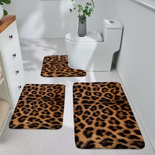 Leopard Print 3 Piece Bathroom Mat Sets,Brown Black Cheetah Animal Wildlife Vintage Bath Toilet Rugs,18"x30"and 18"x48"and U Shaped 21"x17"(Low Pile) - size: 18"x30" and 18"x48" and U-Shape
