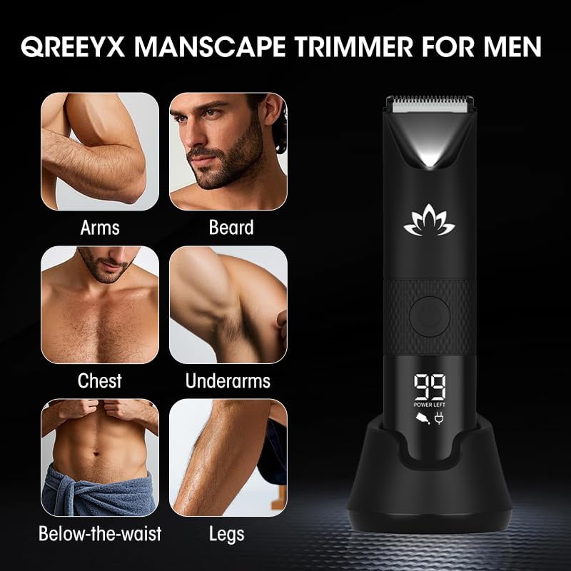 Qreeyx Manscape Trimmer for Men - Electric Body Hair Trimmer with Light, IPX7 Waterproof Electric Razor for Balls/Pubic/Groin/Legs/Chest Hair Removal, Lightweight with LED Display, Gifts for Him Dad - color: Black8118